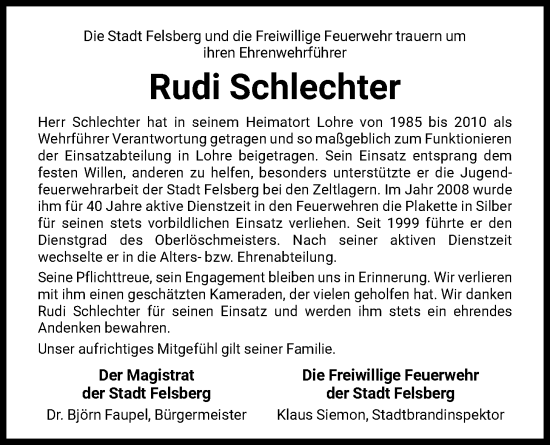 Traueranzeige von Rudi Schlechter von HNA