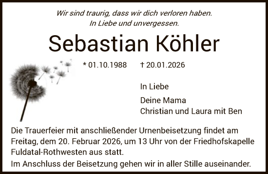 Traueranzeige von Sebastian Köhler von HNA