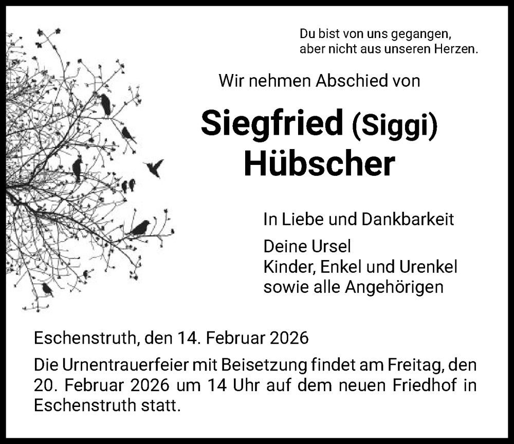  Traueranzeige für Siegfried Hübscher vom 14.02.2026 aus HNA