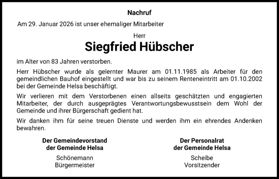 Traueranzeige von Siegfried Hübscher von HNA