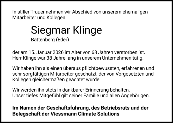 Traueranzeige von Siegmar Klinge von HNA