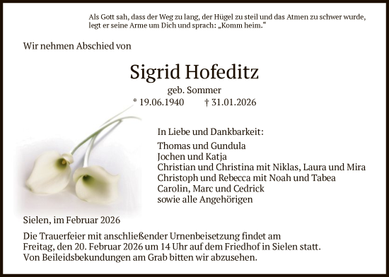 Traueranzeige von Sigrid Hofeditz von HNA
