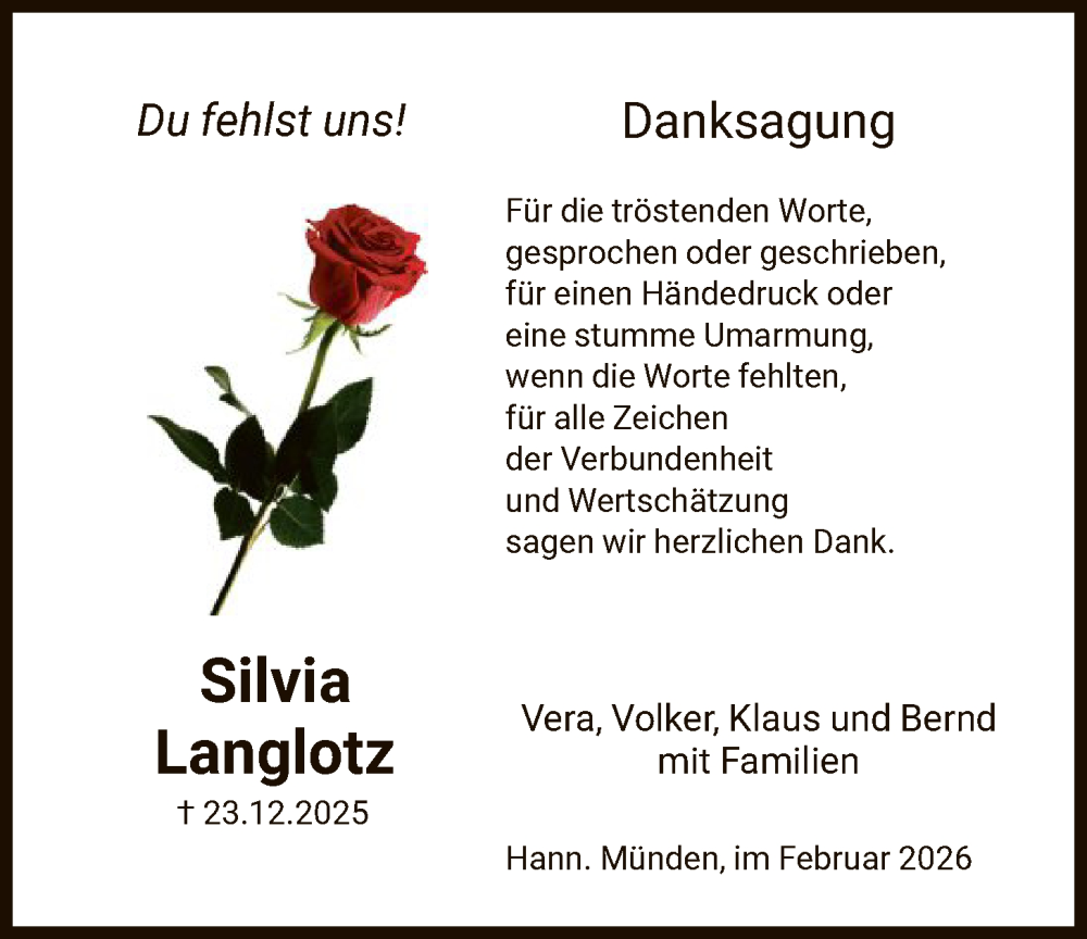  Traueranzeige für Silvia Langlotz vom 14.02.2026 aus HNA