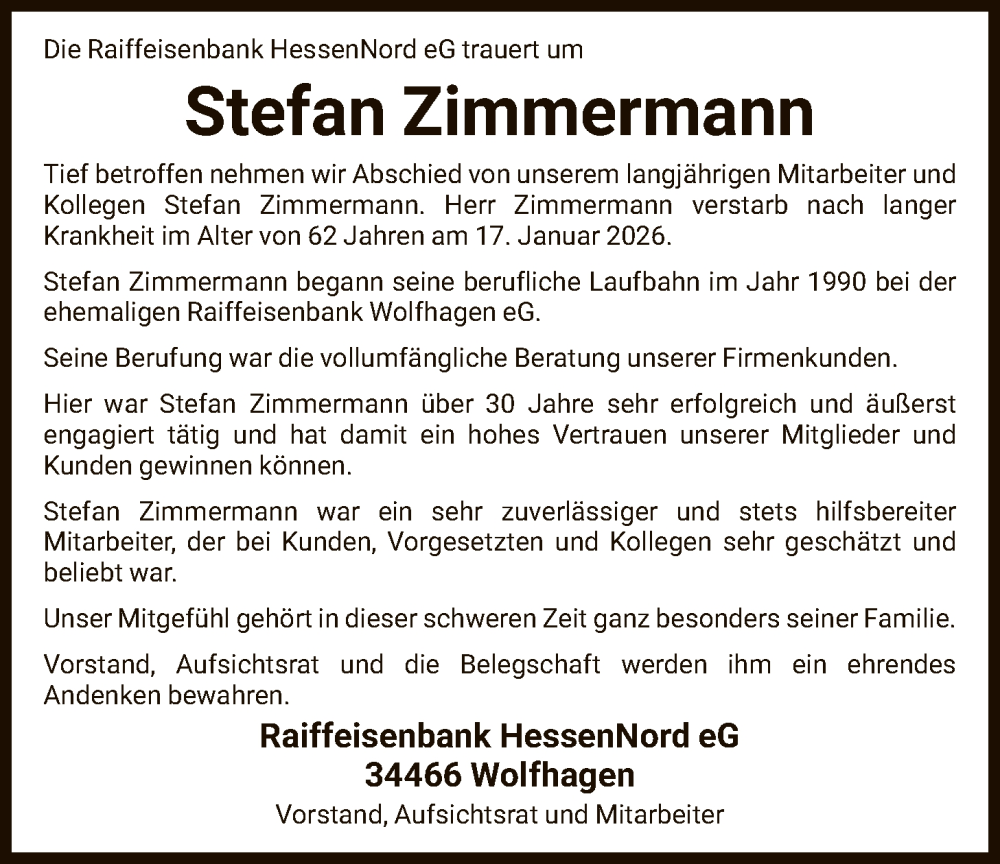  Traueranzeige für Stefan Zimmermann vom 07.02.2026 aus HNA