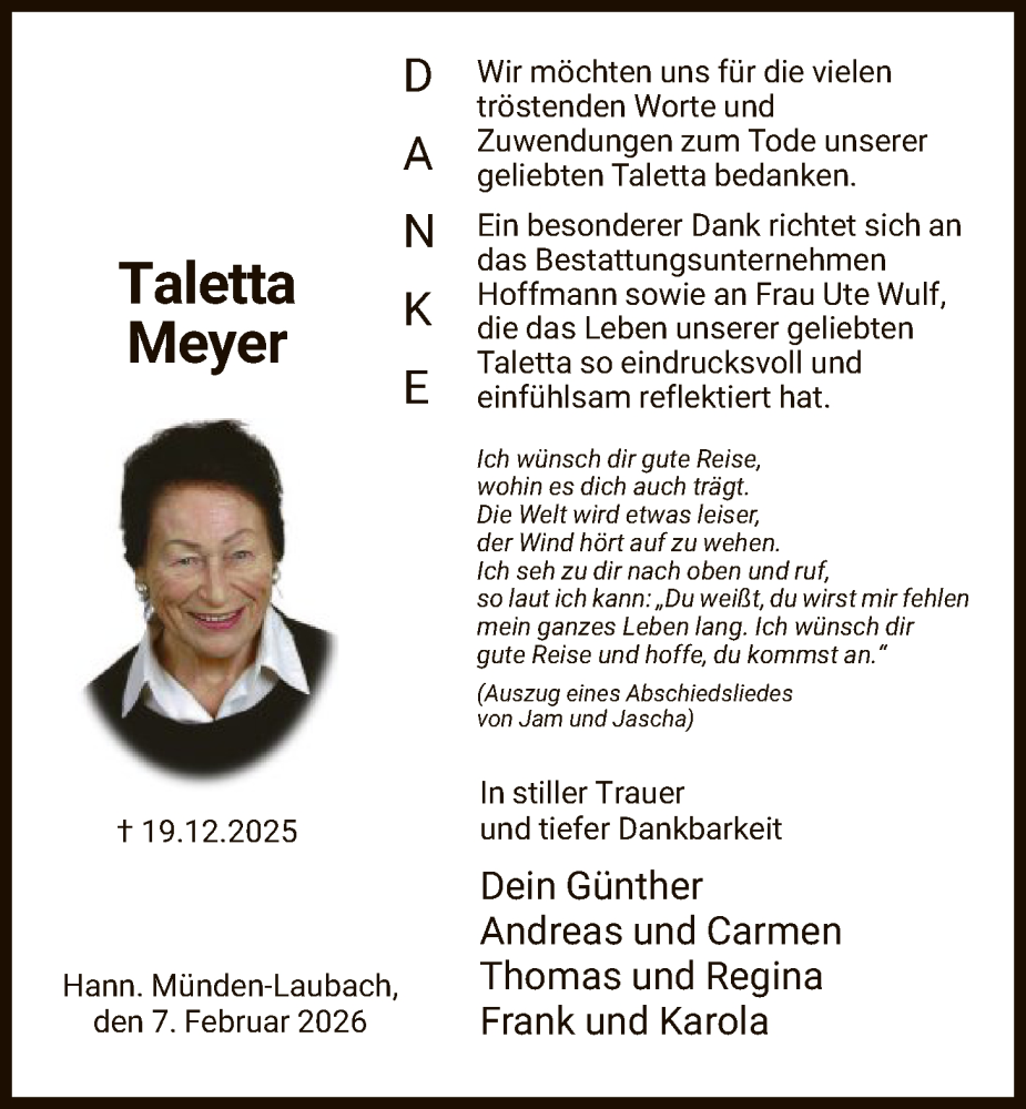  Traueranzeige für Taletta Meyer vom 07.02.2026 aus HNA