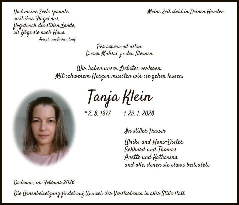  Traueranzeige für Tanja Klein vom 07.02.2026 aus HNA