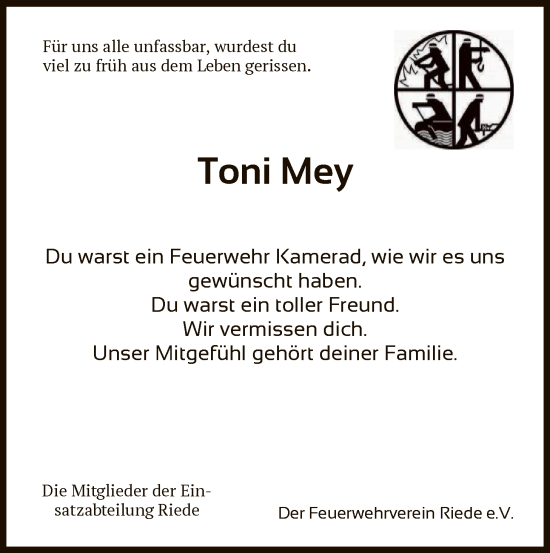 Traueranzeige von Toni Mey von HNA