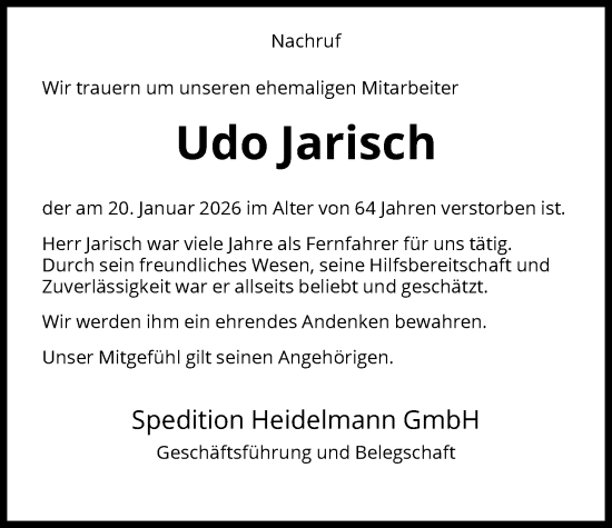 Traueranzeige von Udo Jarisch von HNA