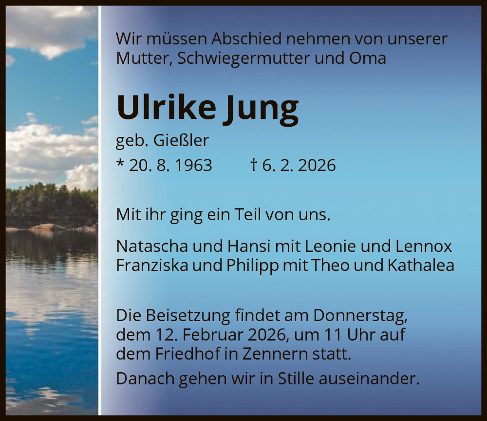  Traueranzeige für Ulrike Jung vom 10.02.2026 aus HNA