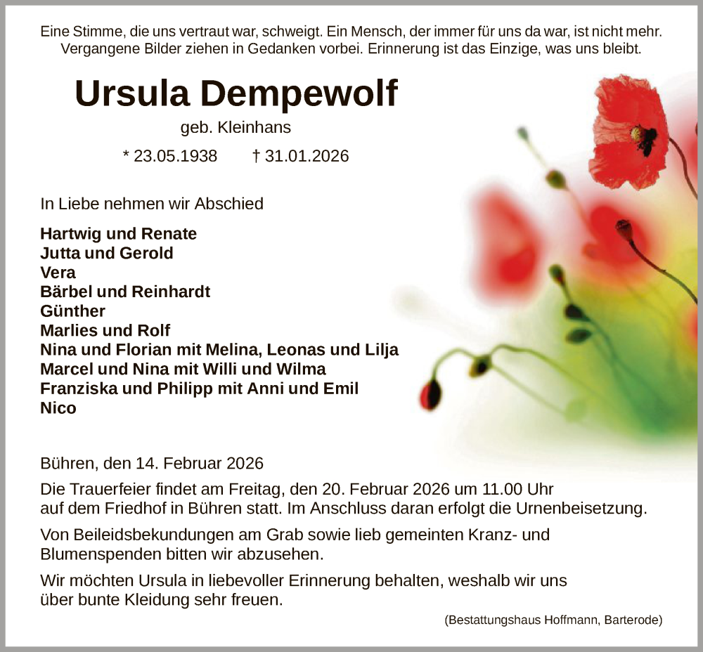  Traueranzeige für Ursula Dempewolf vom 14.02.2026 aus HNA