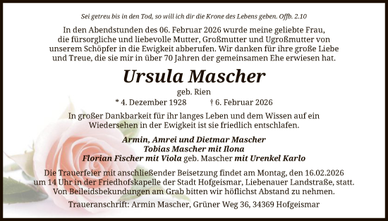 Traueranzeige von Ursula Mascher von HNA