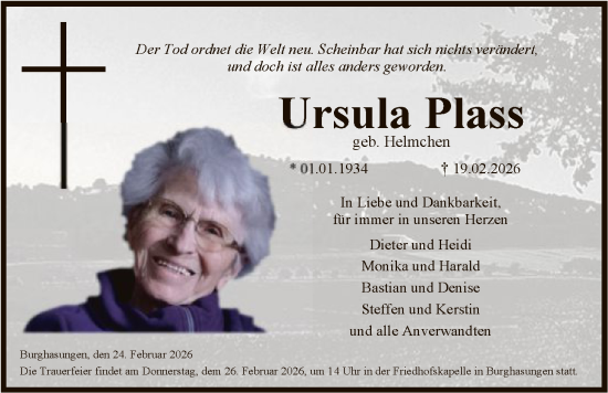 Traueranzeige von Ursula Plass von HNA