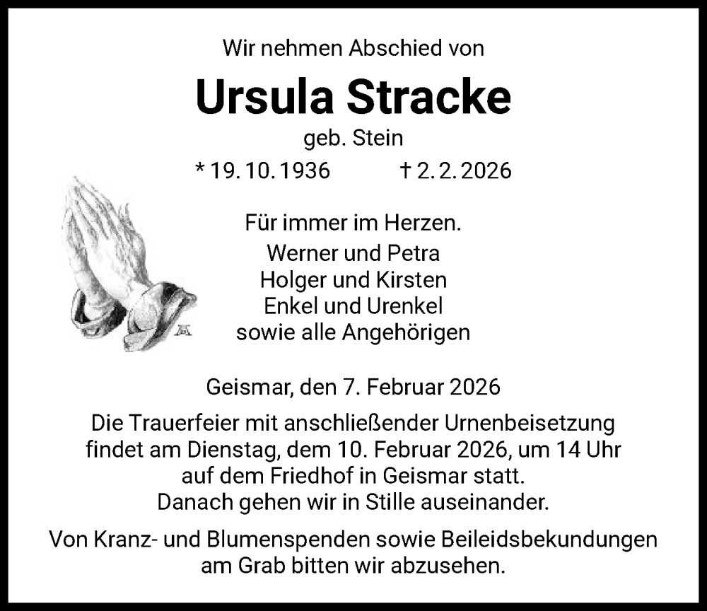  Traueranzeige für Ursula Stracke vom 07.02.2026 aus HNA