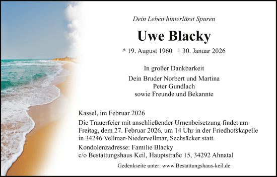 Traueranzeige von Uwe Blacky von HNA