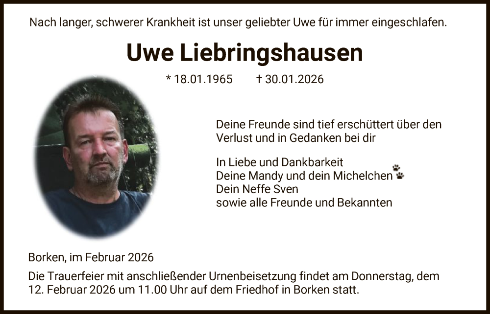  Traueranzeige für Uwe Liebringshausen vom 07.02.2026 aus HNA