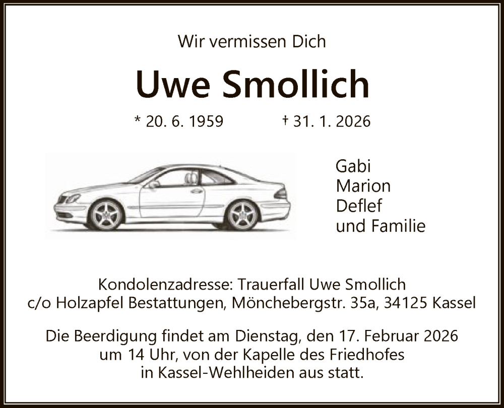  Traueranzeige für Uwe Smollich vom 07.02.2026 aus HNA