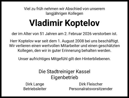 Traueranzeige von Vladimir Koptelov von HNA