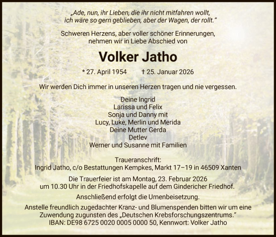 Traueranzeige von Volker Jatho von HNA