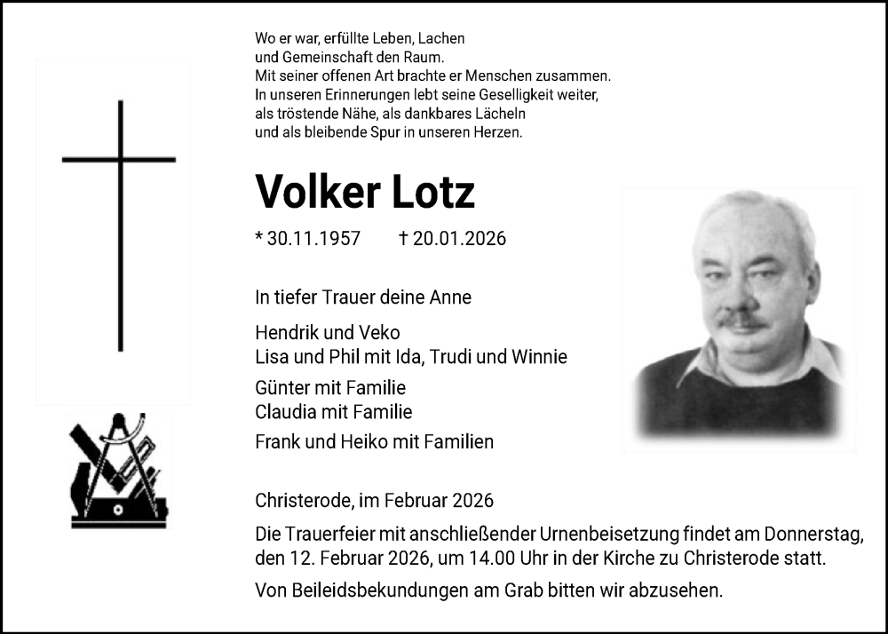  Traueranzeige für Volker Lotz vom 07.02.2026 aus HNA