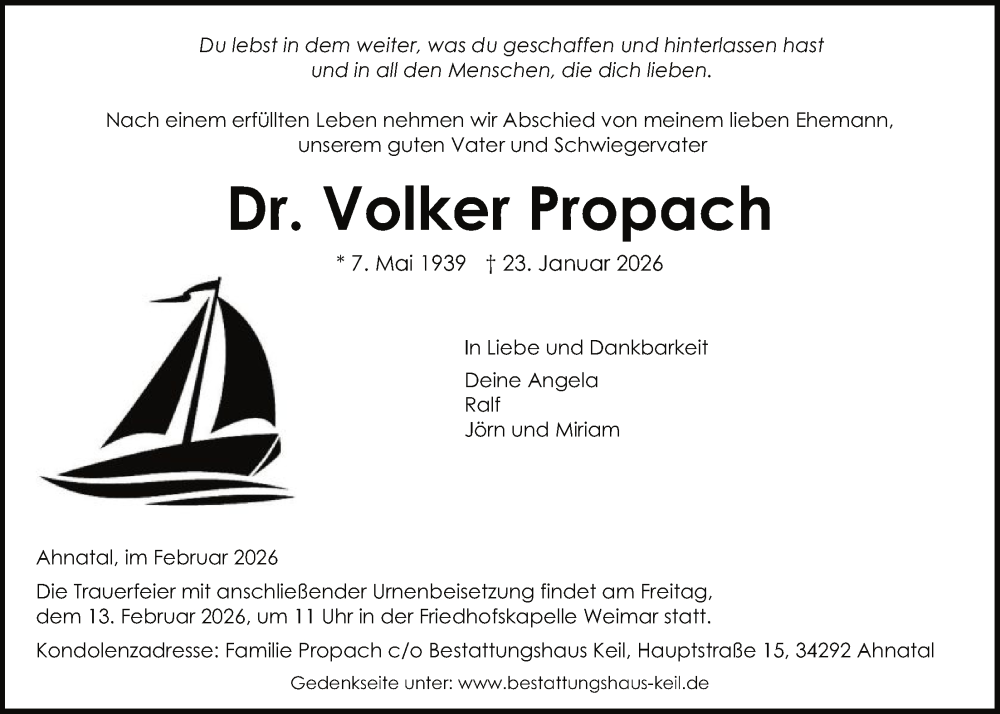  Traueranzeige für Volker Propach vom 06.02.2026 aus HNAHNA