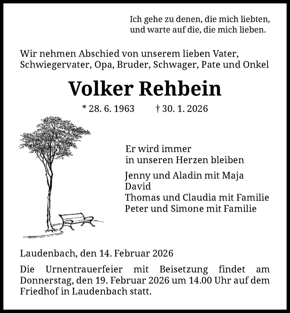  Traueranzeige für Volker Rehbein vom 14.02.2026 aus HNA