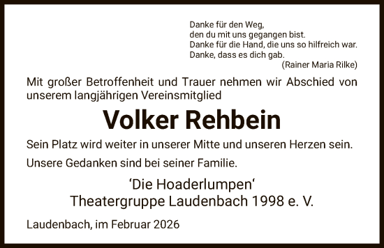 Traueranzeige von Volker Rehbein von HNA