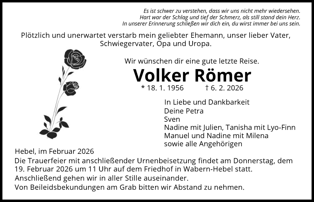  Traueranzeige für Volker Römer vom 14.02.2026 aus HNAHNAHNA