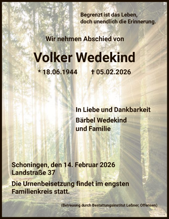 Traueranzeige von Volker Wedekind von HNA