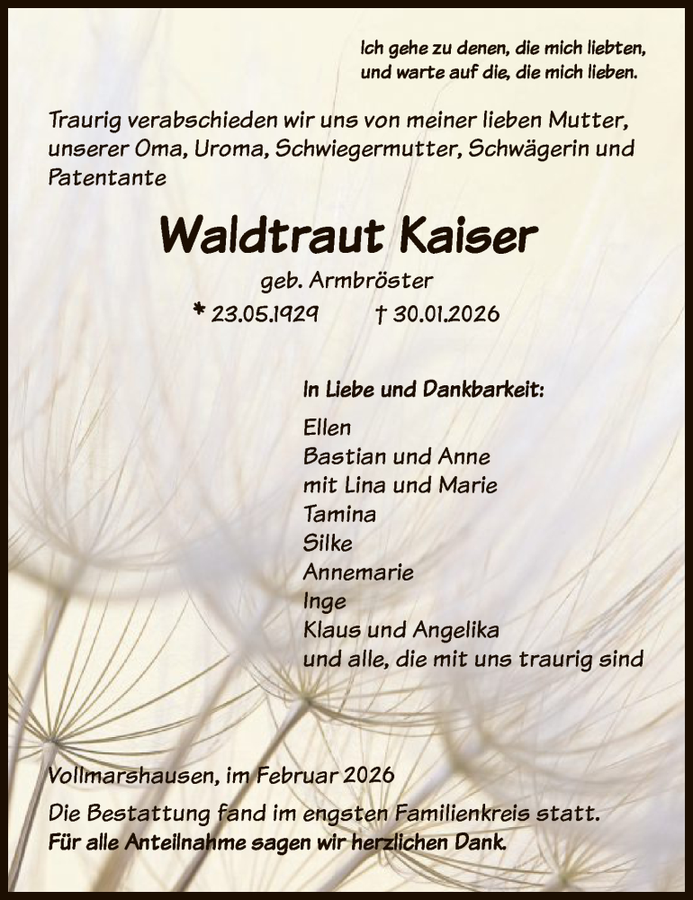  Traueranzeige für Waldtraut Kaiser vom 14.02.2026 aus HNA