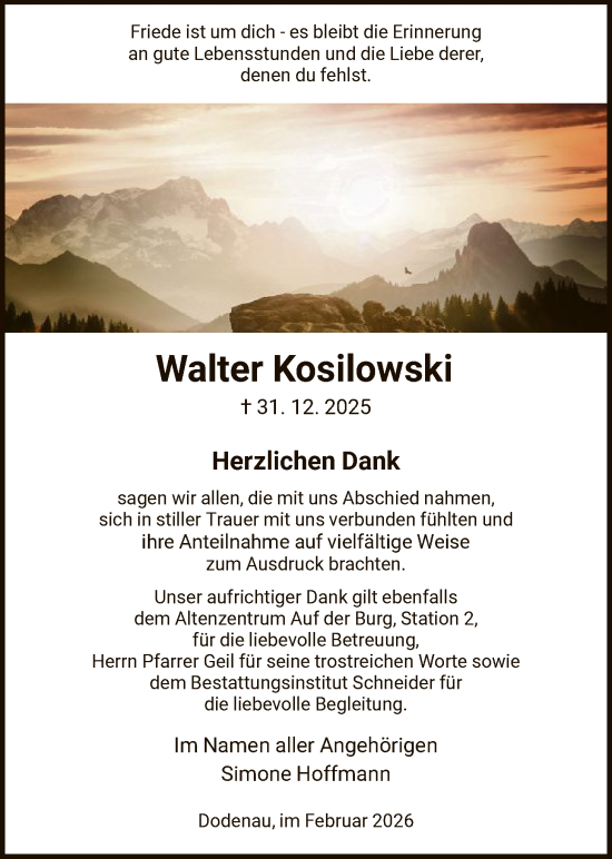 Traueranzeige von Walter Kosilowski von HNA