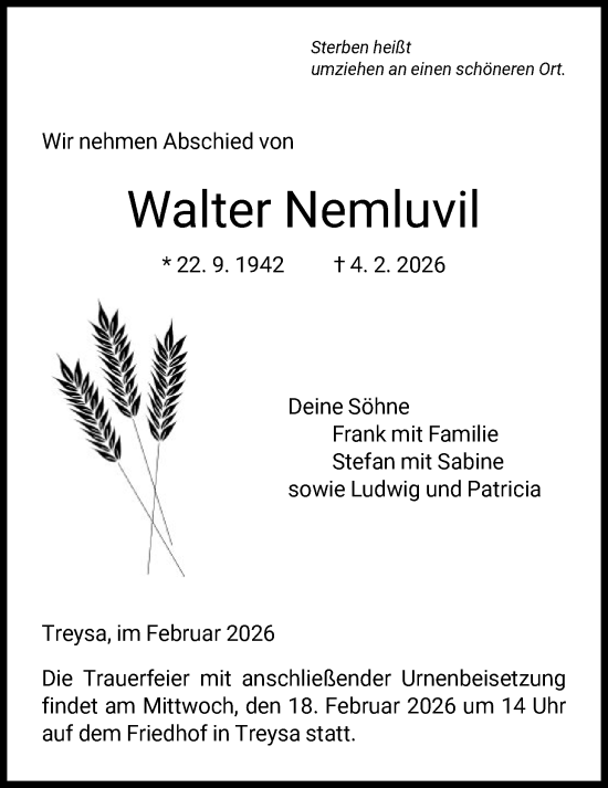 Traueranzeige von Walter Nemluvil von HNA