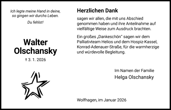 Traueranzeige von Walter Olschansky von HNA