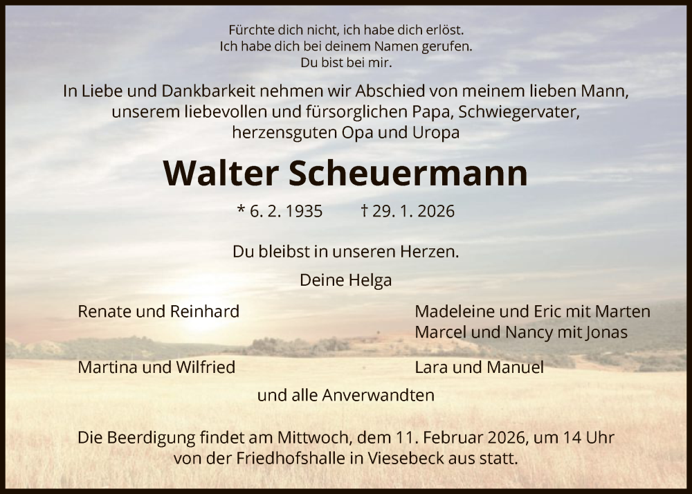  Traueranzeige für Walter Scheuermann vom 07.02.2026 aus HNA