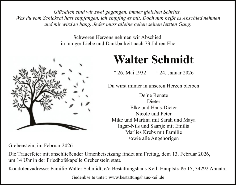  Traueranzeige für Walter Schmidt vom 07.02.2026 aus HNAHNA