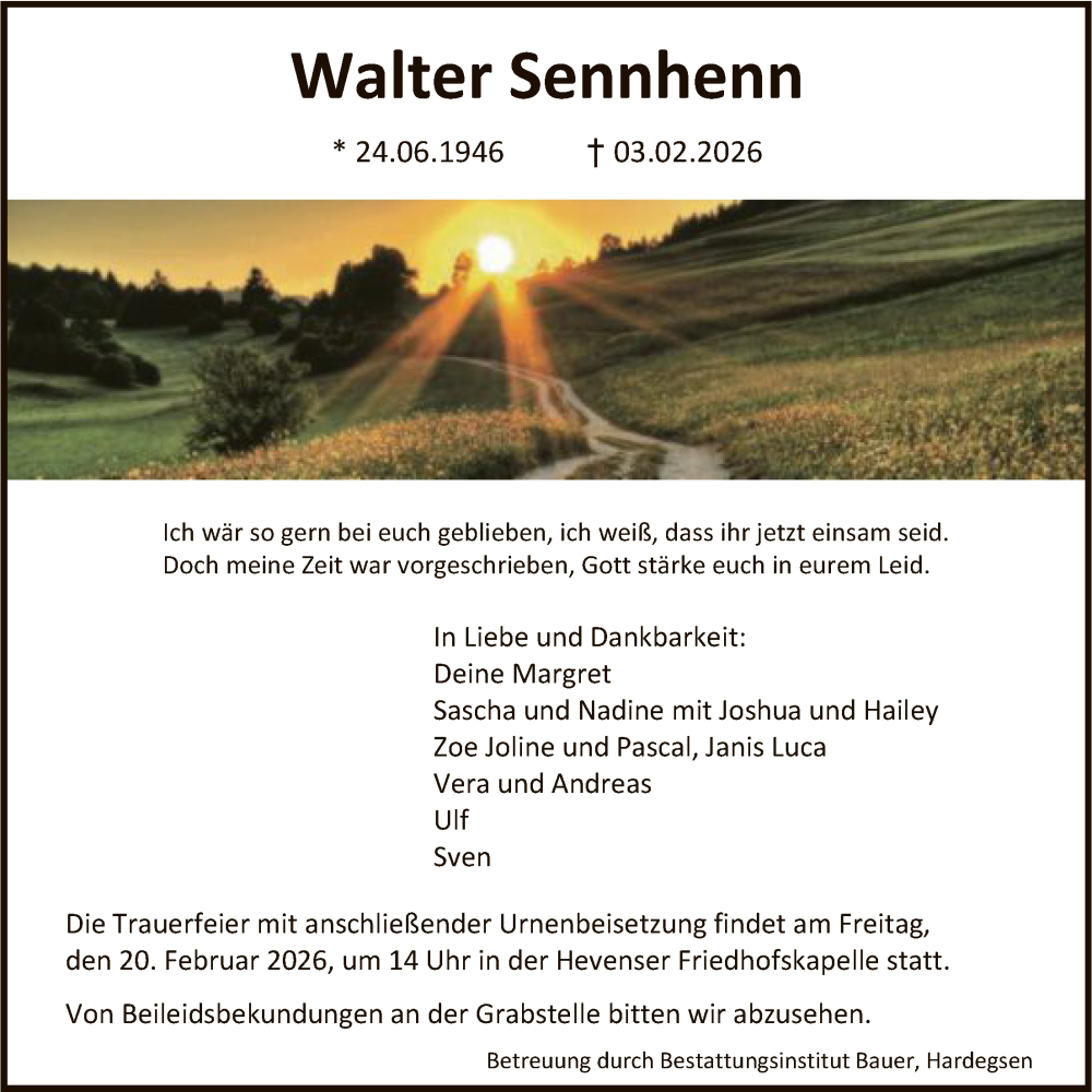  Traueranzeige für Walter Sennhenn vom 14.02.2026 aus HNA