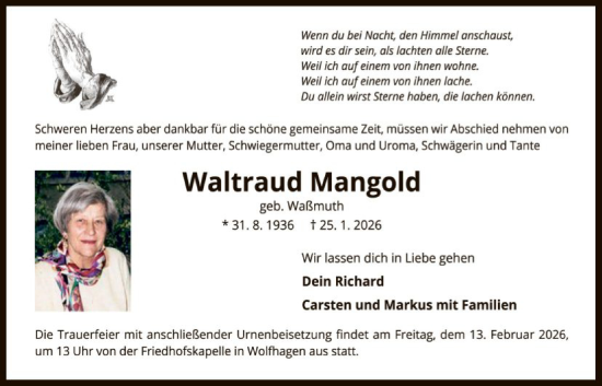 Traueranzeige von Waltraud Mangold von HNA
