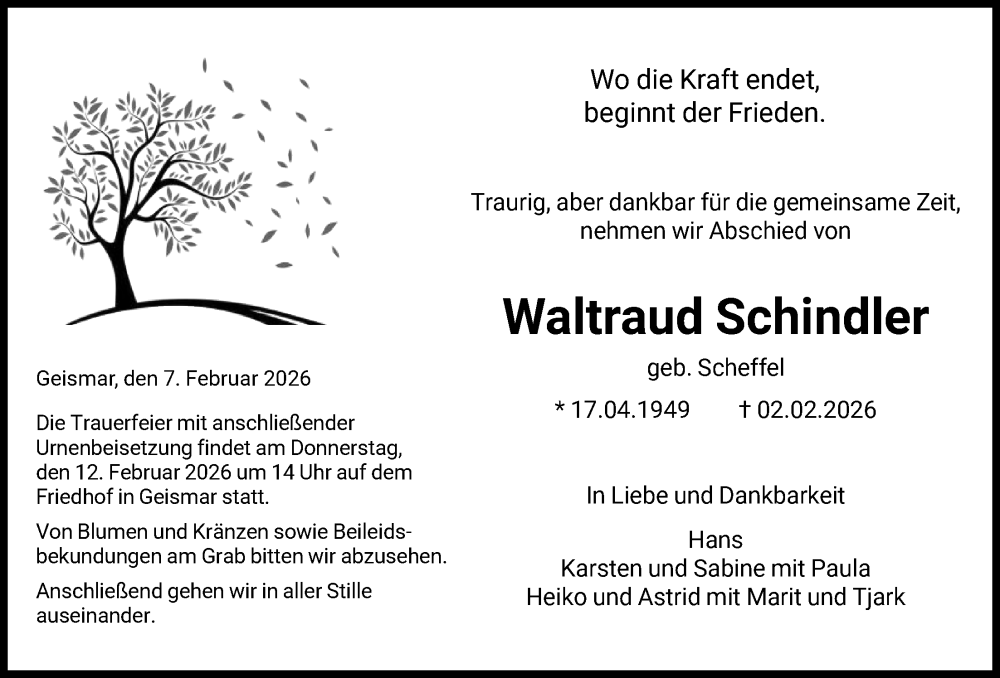  Traueranzeige für Waltraud Schindler vom 07.02.2026 aus HNA