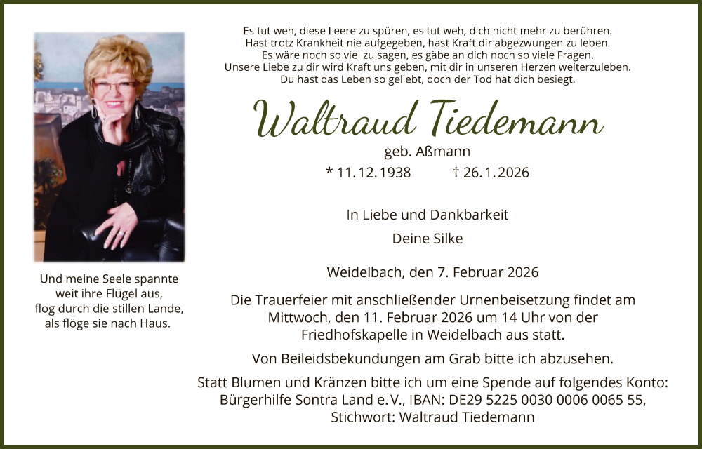  Traueranzeige für Waltraud Tiedemann vom 07.02.2026 aus HNA