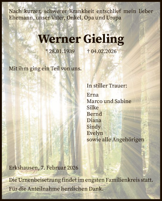 Traueranzeige von Werner Gieling von HNA