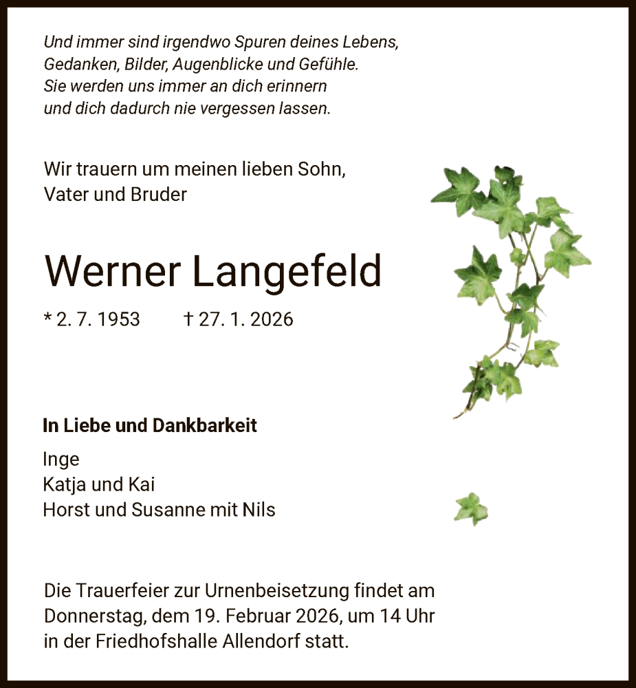  Traueranzeige für Werner Langefeld vom 07.02.2026 aus HNA