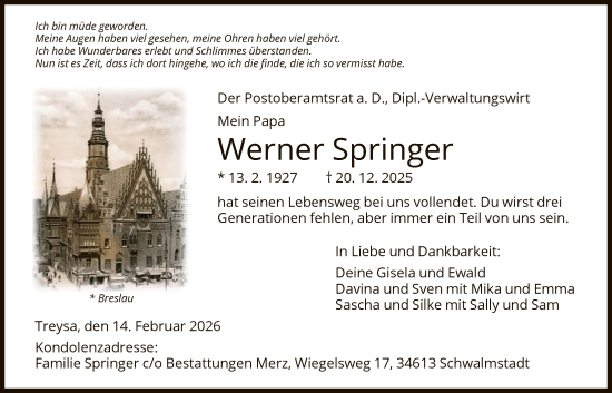 Traueranzeige von Werner Springer von HNA