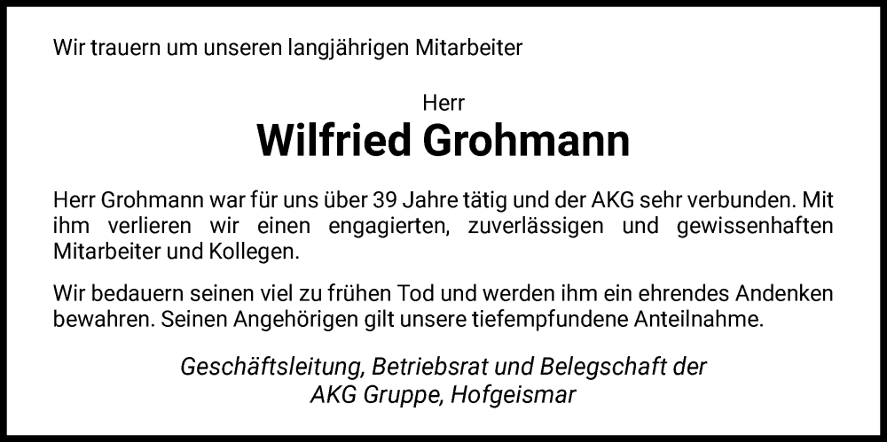 Traueranzeige für Wilfried Grohmann vom 04.02.2026 aus HNA