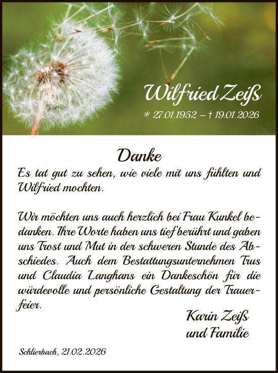 Traueranzeige von Wilfried Zeiß von HNAHNA