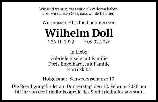 Traueranzeige von Wilhelm Doll von HNA