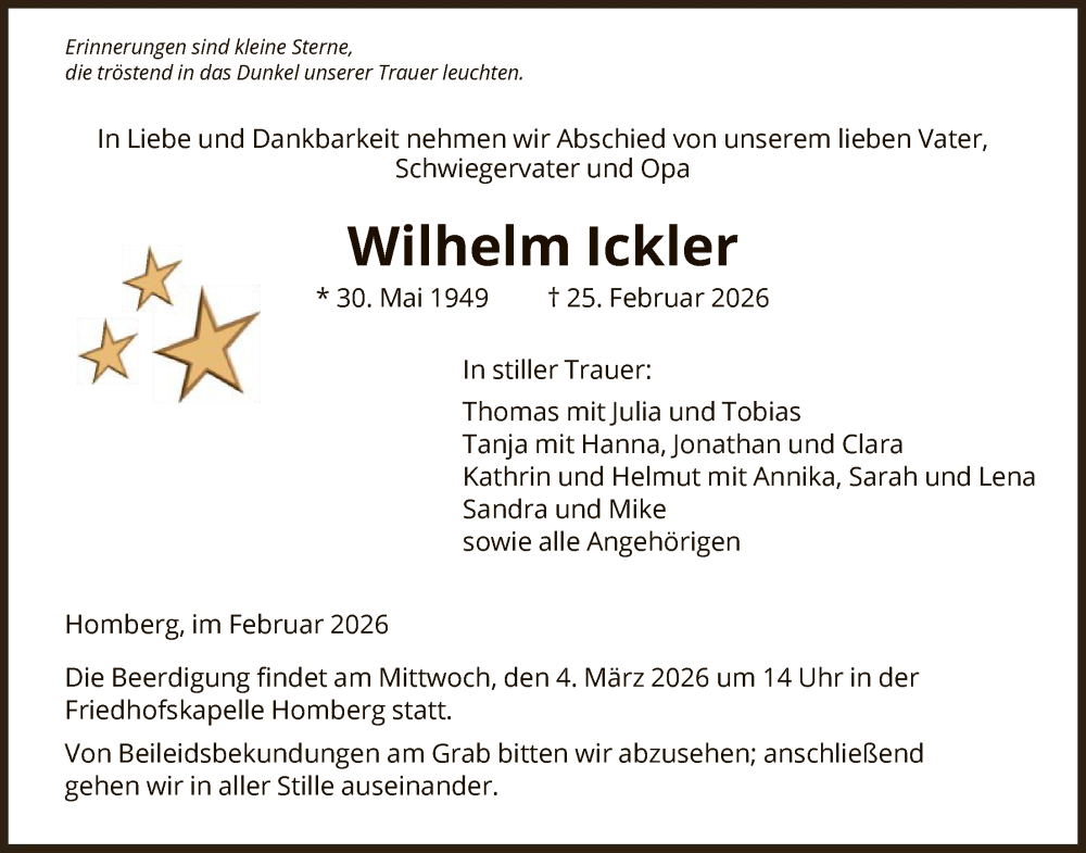  Traueranzeige für Wilhelm Ickler vom 28.02.2026 aus HNA