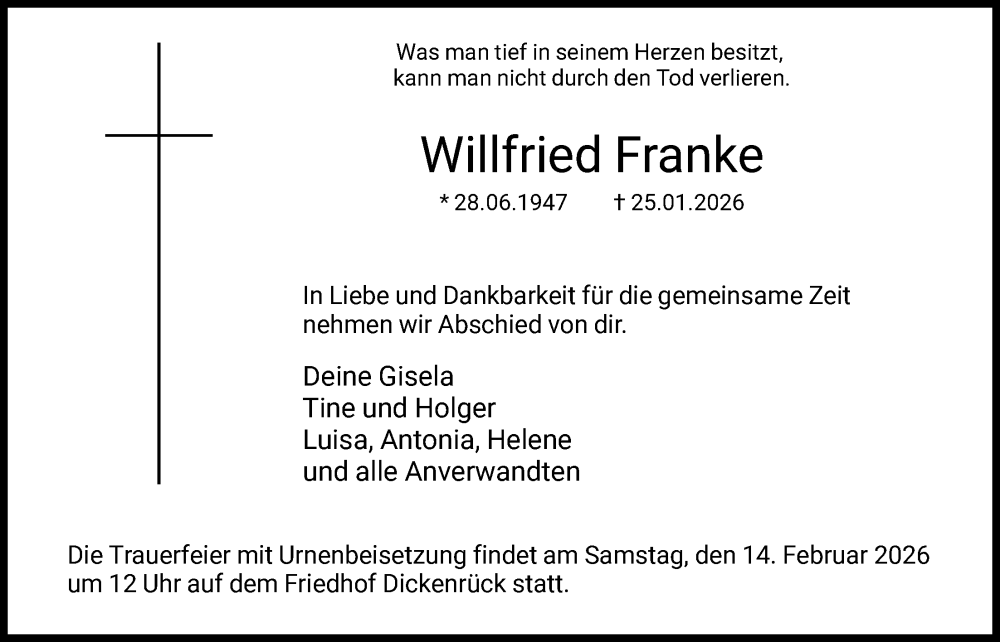  Traueranzeige für Willfried Franke vom 07.02.2026 aus HNA