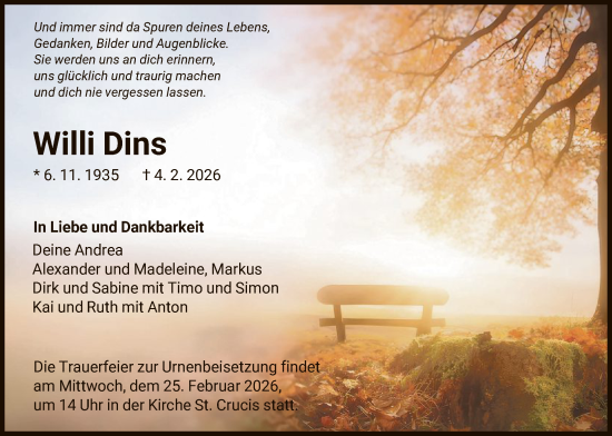 Traueranzeige von Willi Dins von HNA
