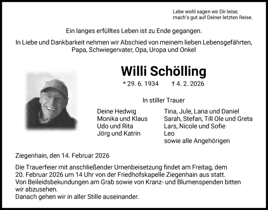 Traueranzeige von Willi Schölling von HNA