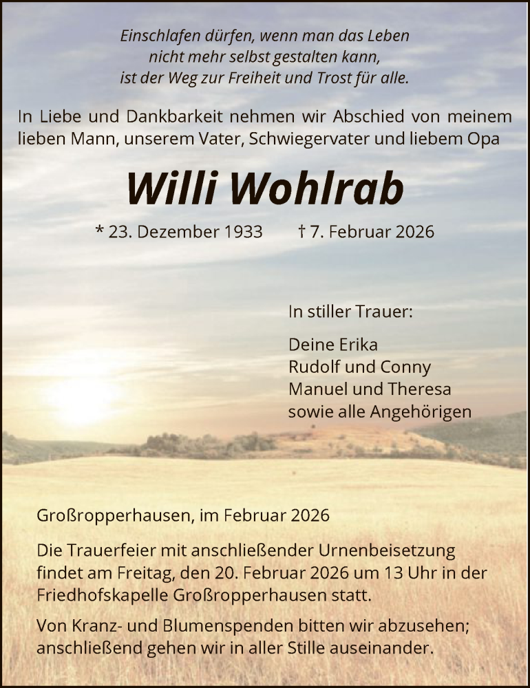  Traueranzeige für Willi Wohlrab vom 14.02.2026 aus HNA