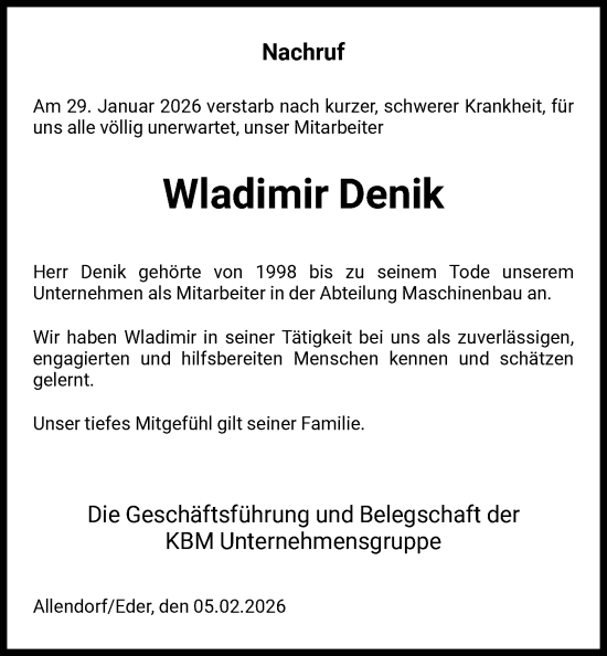 Traueranzeige von Wladimir Denik von HNA